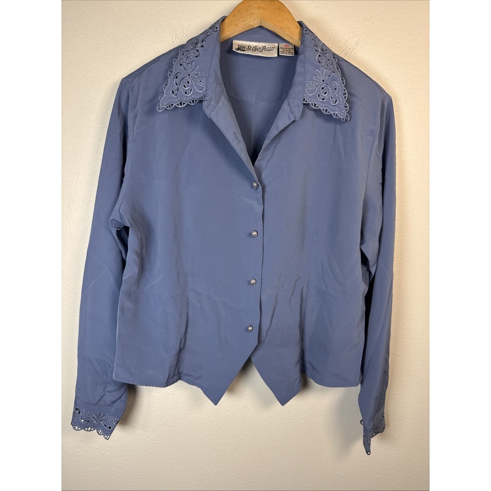 Vintage Yves St. Clair Petites Blouse  Dusty Blue Eyelet Lace Collar‎ And Cuffs